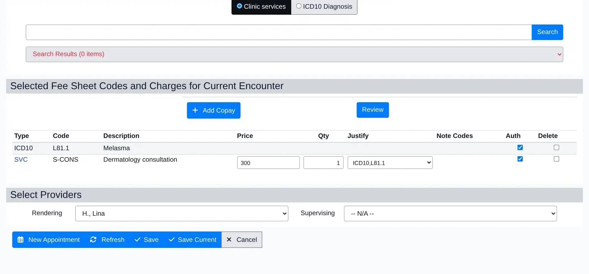 Mindcat Clinic fee sheet with a Clinic services price list search, and the charges for the current visit: diagnosis L81.1 melasma and service S-CONS dermatology consultation at 300, rendering provider Lina H.
