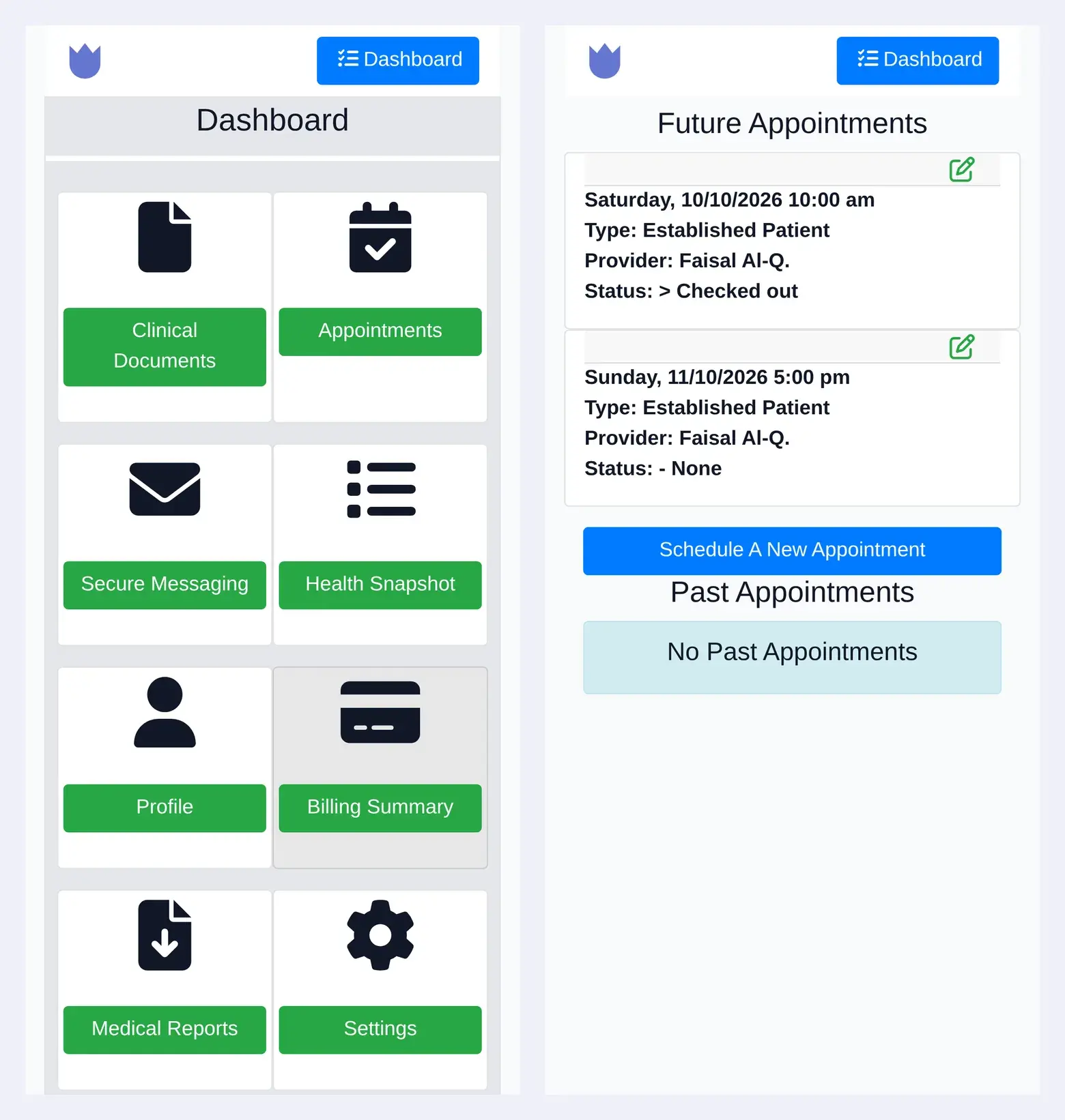 Two phone screens of the Mindcat Clinic patient portal: a dashboard with Clinical Documents, Appointments, Secure Messaging, Health Snapshot, Profile, Billing Summary, Medical Reports and Settings, and a Future Appointments list with two visits with Faisal Al-Q. and a Schedule A New Appointment button.