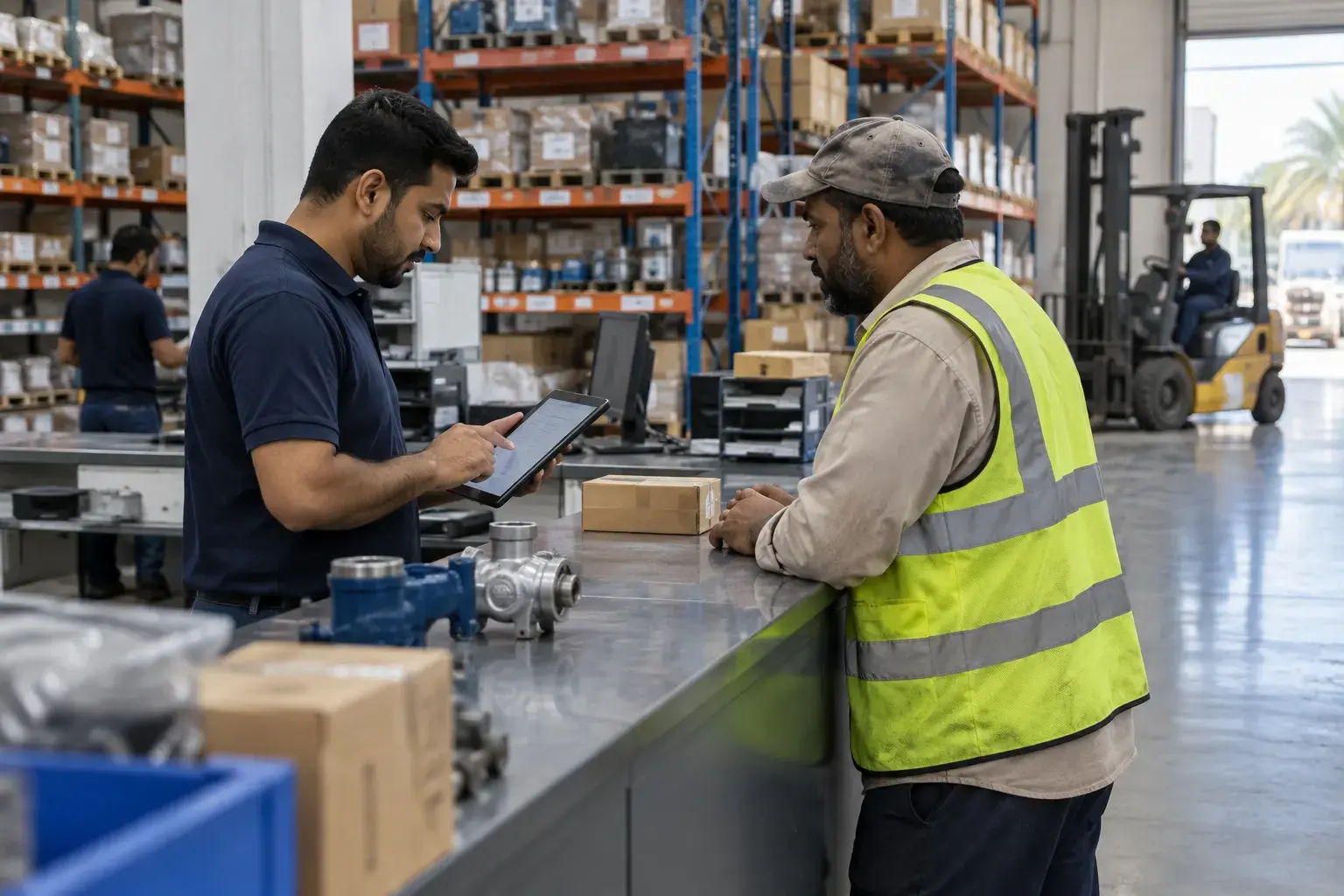 A sales coordinator at the trade counter of a spare-parts supplier in Dubai Investments Park checks a tablet while a contractor in hi-vis waits, racks of boxed parts behind them.