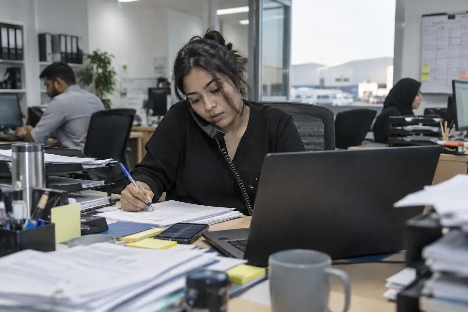 A tired coordinator in an Al Quoz office holds a desk phone on her shoulder while writing on a paper job sheet, a mobile buzzing beside printed work orders and sticky notes.