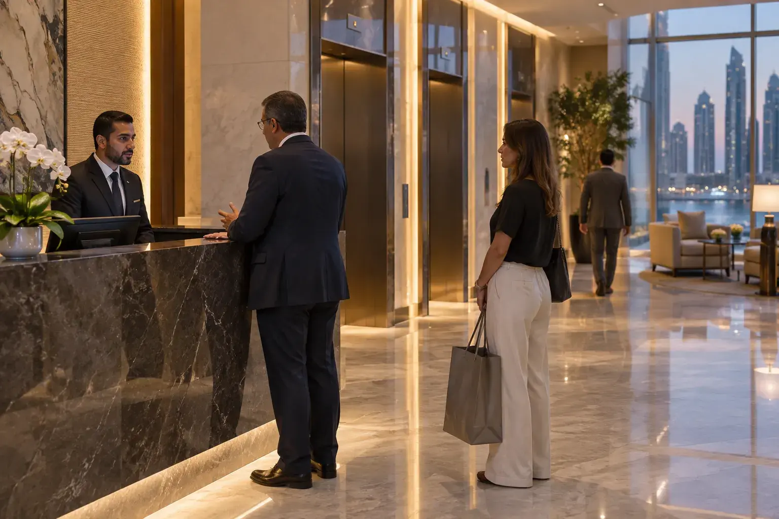A building manager in a suit talks with the concierge at a residential tower lobby in Jumeirah Lake Towers while a resident waits with a shopping bag.