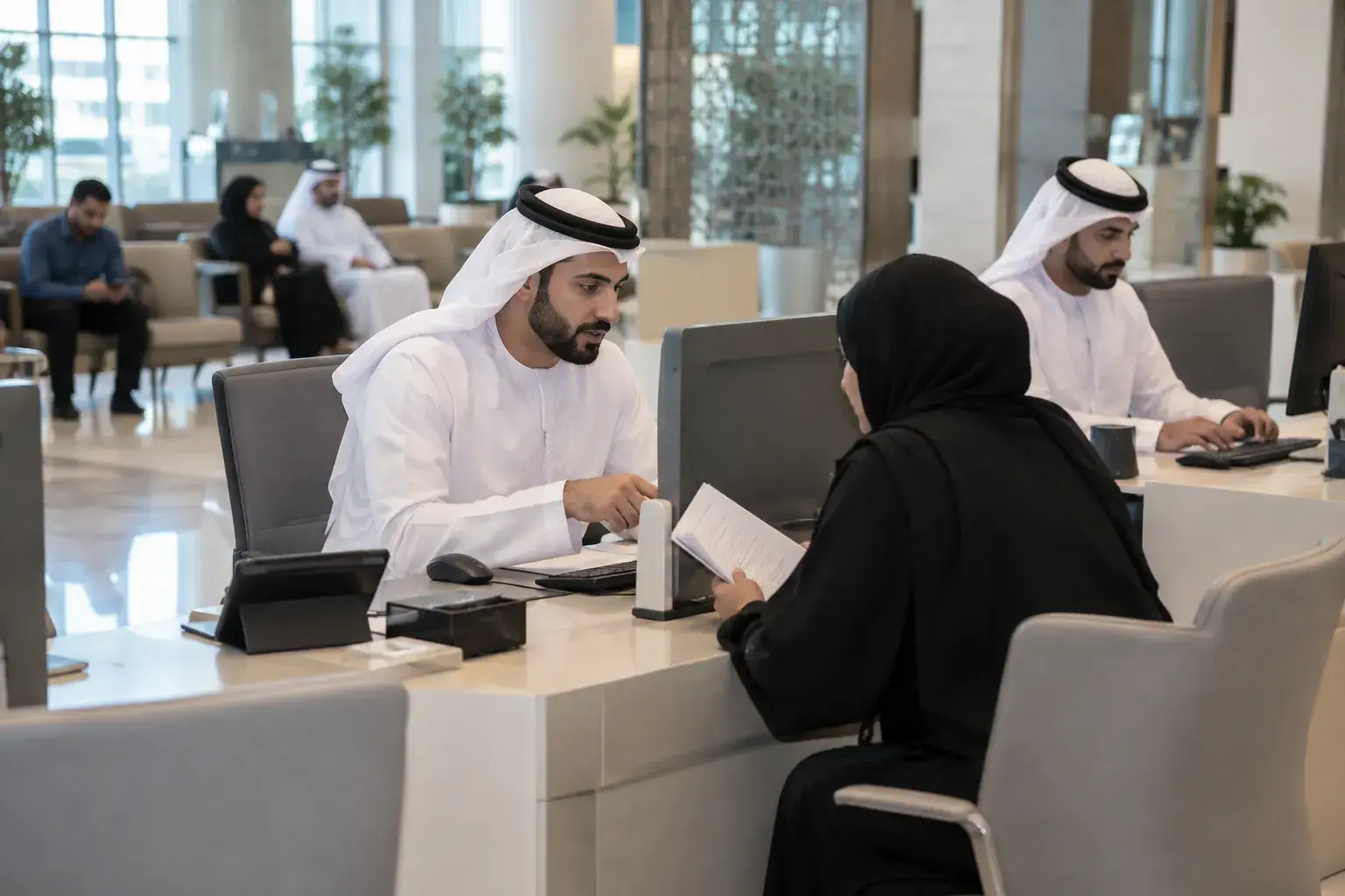 An Emirati customer service officer at a service centre counter in Abu Dhabi helps a woman in an abaya reading a document, a colleague typing at the next desk.