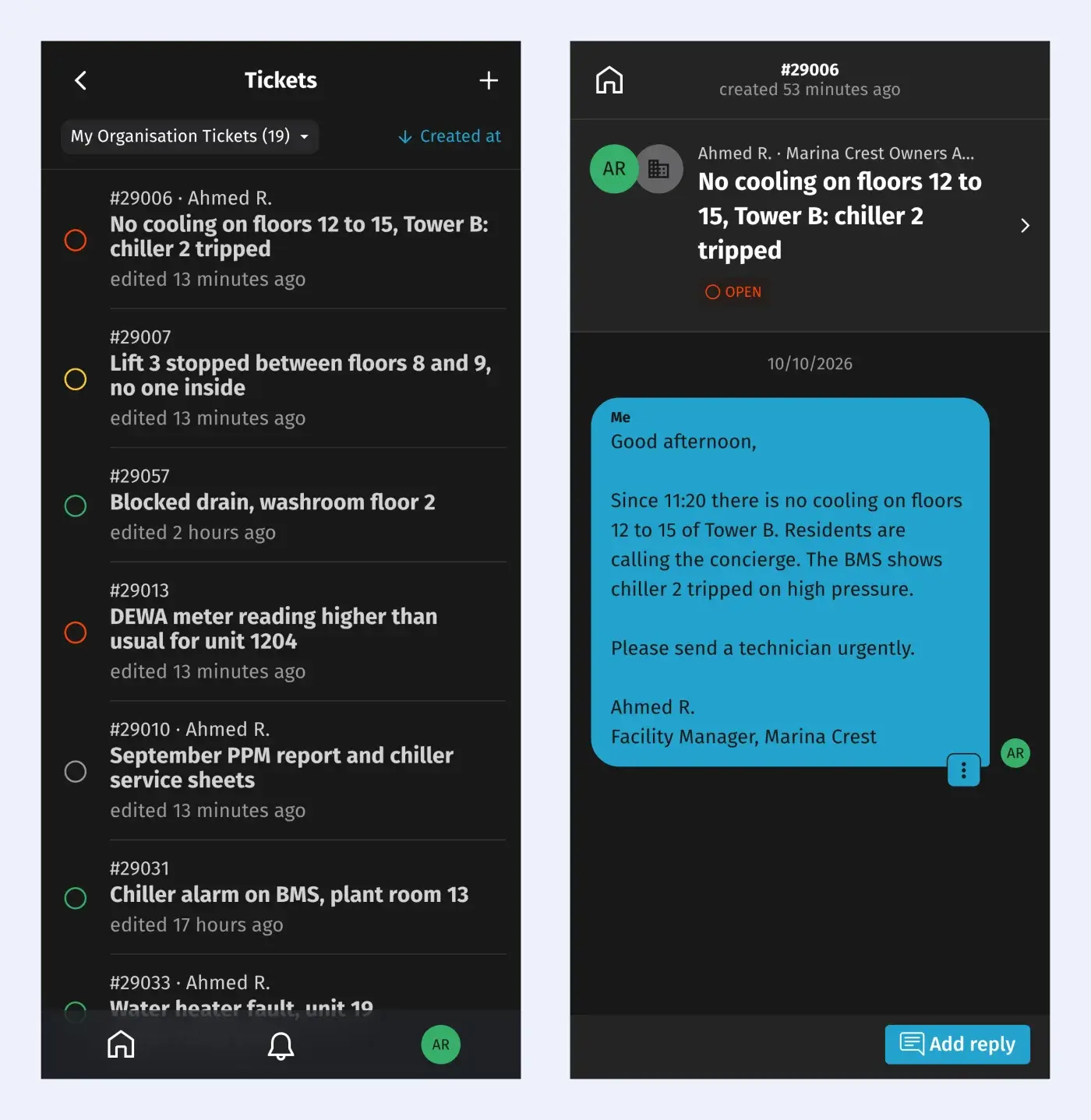 Two phone screens of the Mindcat Desk customer portal: My Organisation Tickets with the chiller trip, a stuck lift and a DEWA meter query, and the open chiller ticket with the facility manager’s message and an Add reply button.