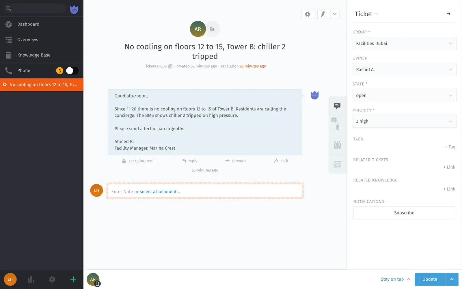 A Mindcat Desk ticket: “No cooling on floors 12 to 15, Tower B: chiller 2 tripped”, created 55 minutes ago with the escalation highlighted as 25 minutes ago, the facility manager’s email, and the ticket panel with group Facilities Dubai, owner Rashid A., state open and priority 3 high.