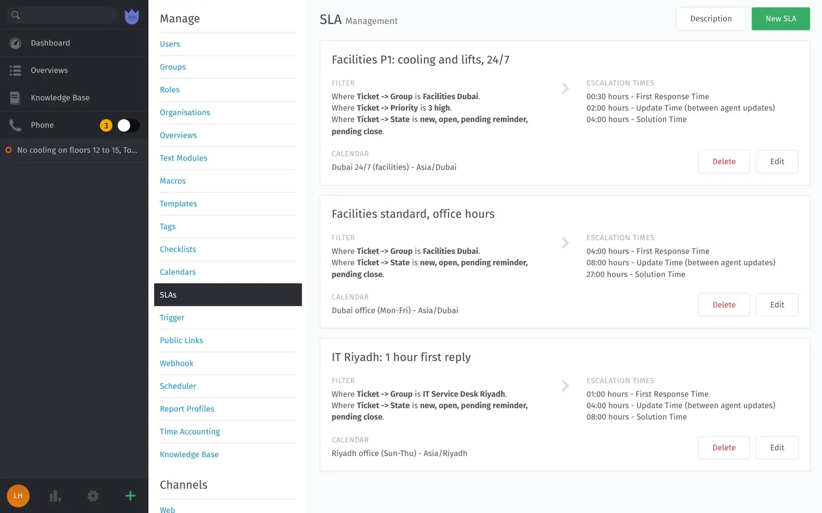 Mindcat Desk SLA management: Facilities P1 with 30 minutes first response on the Dubai 24/7 calendar, Facilities standard on the Dubai Monday-Friday calendar, and IT Riyadh with one hour first response on the Riyadh Sunday-Thursday calendar.