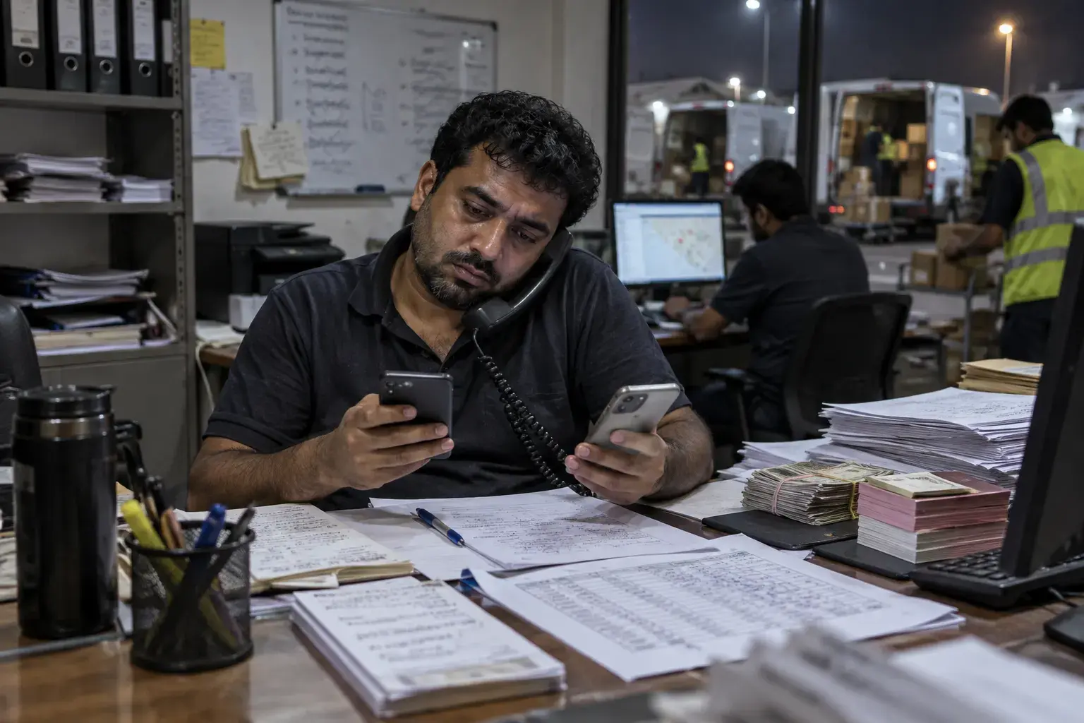 A dispatcher in a small Dubai back office at night juggling two phones and a landline, with order slips, a marked-up spreadsheet, cash envelopes and coupon books on his desk.
