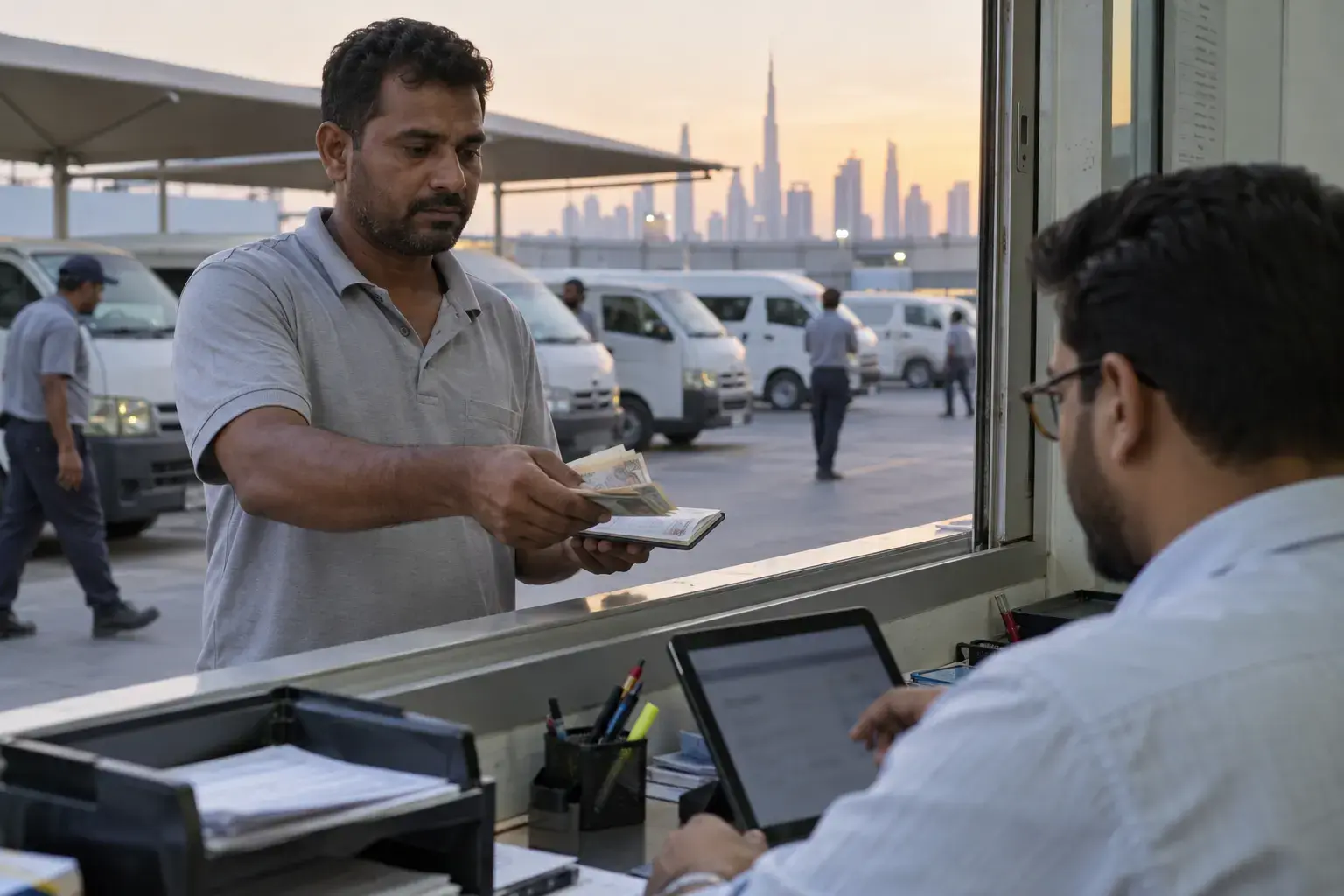 A driver hands banknotes and a coupon book to a finance clerk at a depot window, white vans parked behind him at dusk.