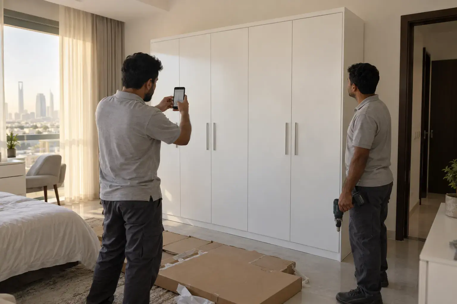 Two installers in grey polos in a Riyadh apartment; one photographs a newly assembled white wardrobe with his phone while the other holds a drill.