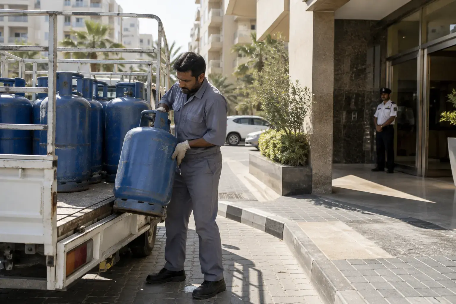 A delivery worker lifting an LPG cylinder from a small pickup truck loaded with caged cylinders outside a residential building.