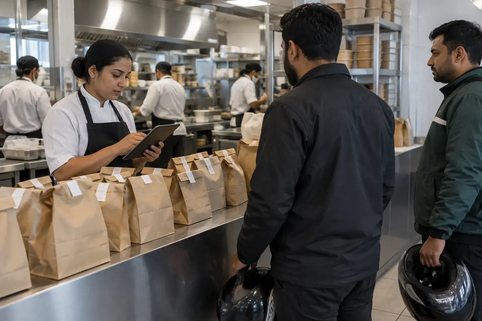 The pickup counter of a Dubai cloud kitchen at lunchtime, sealed food bags in a row, a supervisor checking a tablet and two riders waiting with helmets.