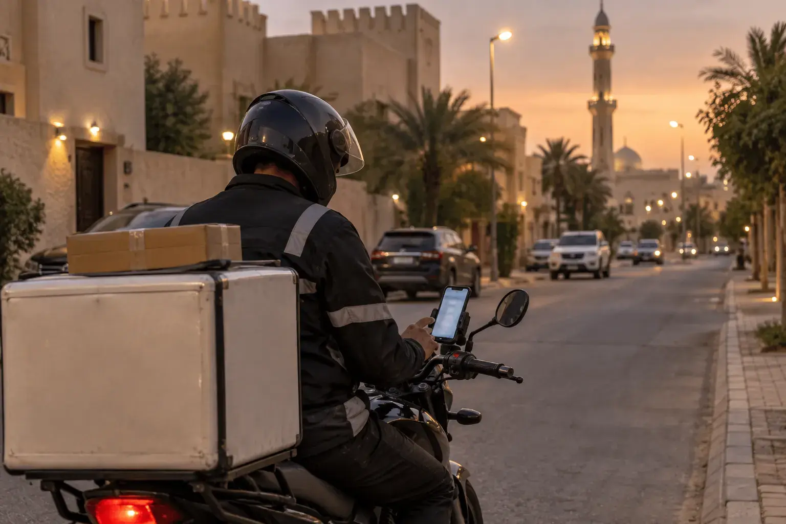 A delivery rider on a motorbike in a Riyadh residential street at dusk checking the phone on his handlebar.