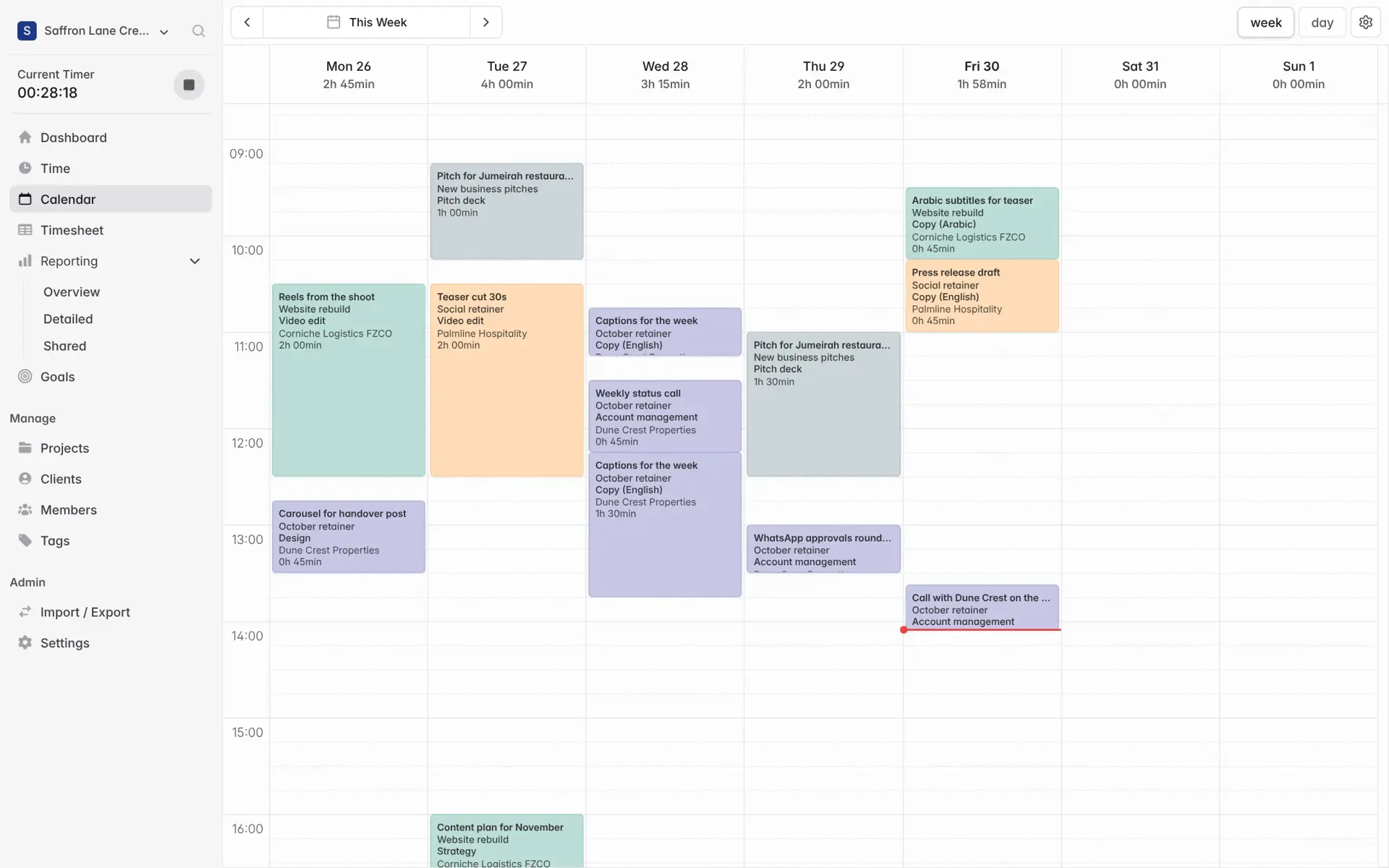 Mindcat Hours week calendar from Monday 26 to Sunday 1: coloured blocks for Reels from the shoot, Teaser cut 30s, Captions for the week and Arabic subtitles for teaser, with each day’s total.