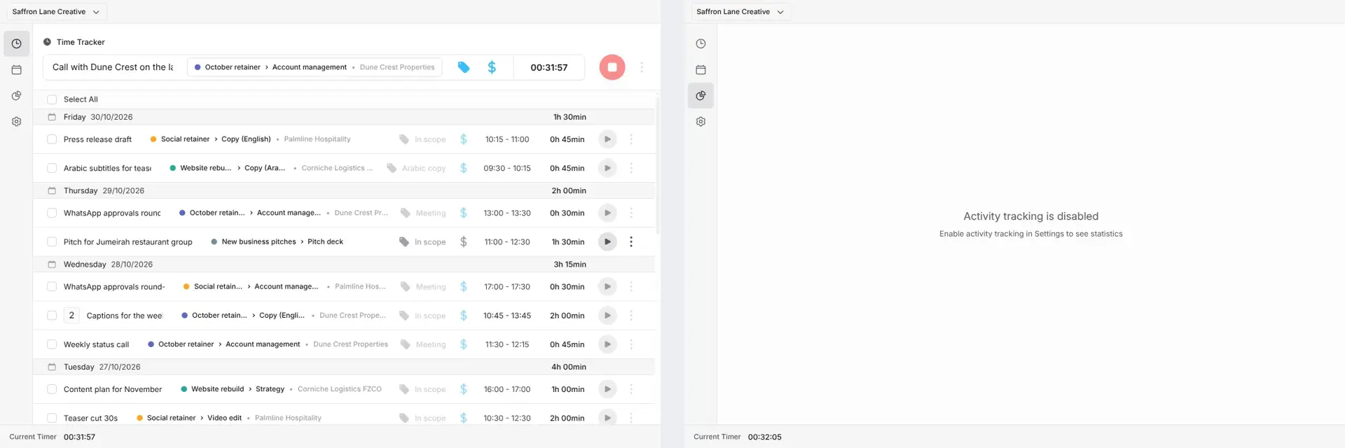 Mindcat Hours desktop app: the time tracker with a running call and the week’s entries, beside a panel that reads Activity tracking is disabled.