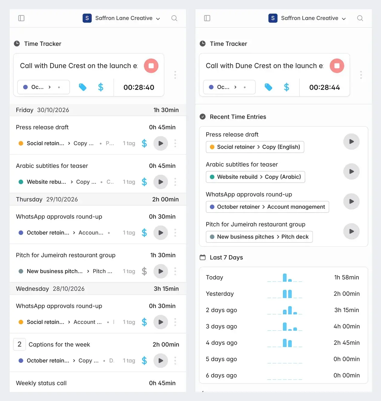 Two phone screens of Mindcat Hours: a running timer for a call with Dune Crest above the week’s entries, and recent entries with a last 7 days summary from 1 hour 58 minutes today.