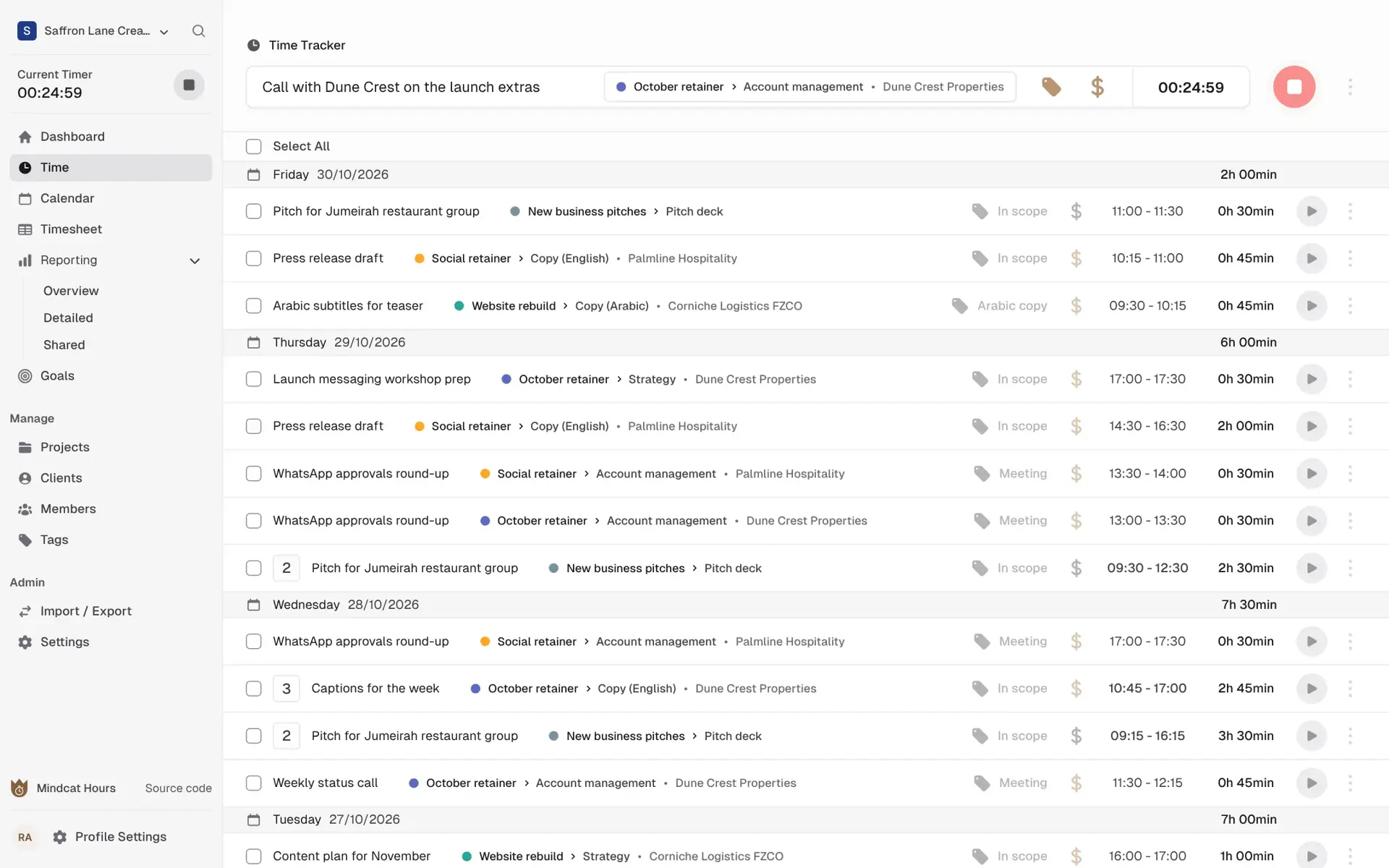 Mindcat Hours time list: a running timer for a call with Dune Crest on the launch extras, and the week’s entries by day, such as Arabic subtitles for teaser and WhatsApp approvals round-up, with project, task, tag and times.
