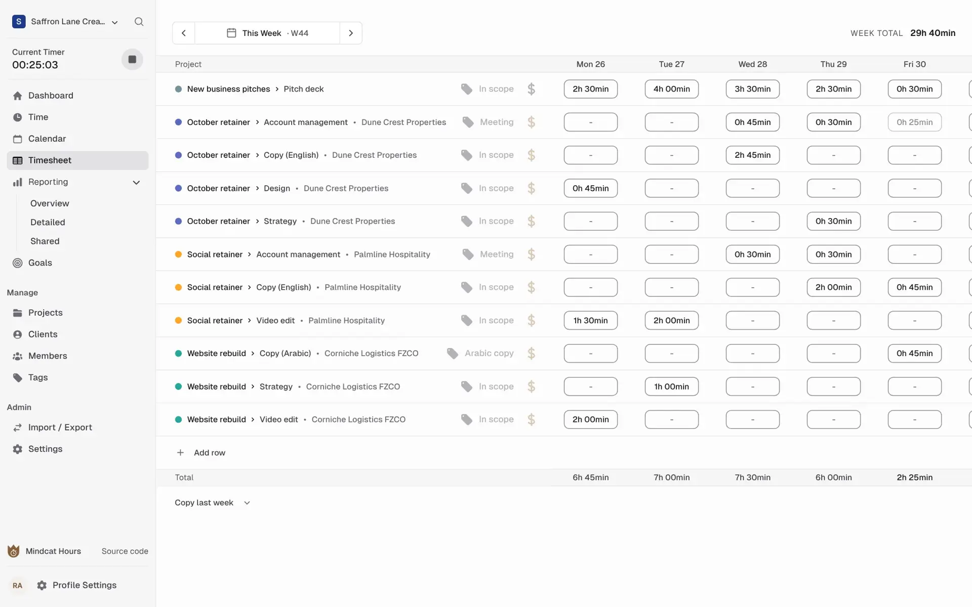 Mindcat Hours weekly timesheet for week 44: rows such as October retainer, Copy (English), Dune Crest Properties and Website rebuild, Video edit, with hours per day from Monday 26 to Friday 30.