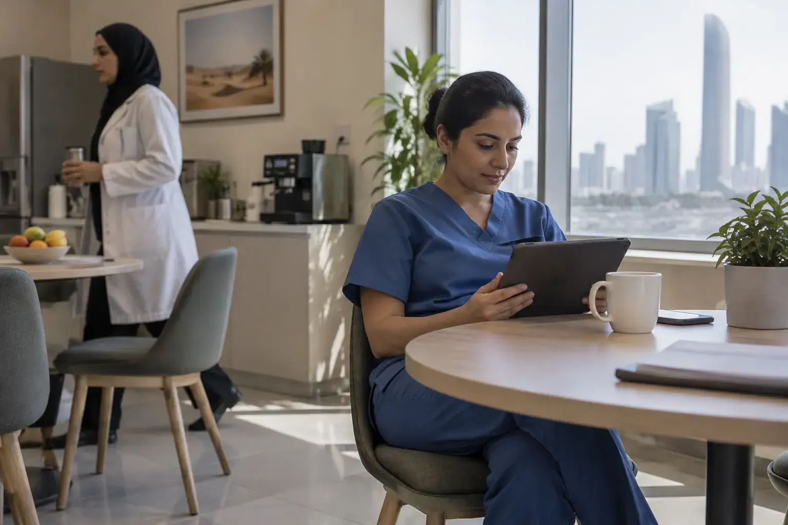 A nurse in blue scrubs works on a tablet at a table by the window, a colleague in a white coat walking past behind her.