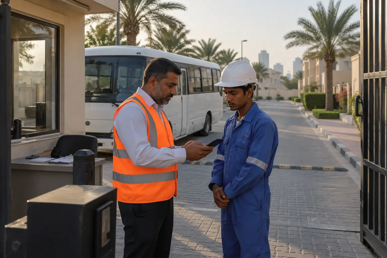 A supervisor in an orange hi-vis vest holds a young worker’s phone at a site gate, a white staff bus and palm trees behind them.