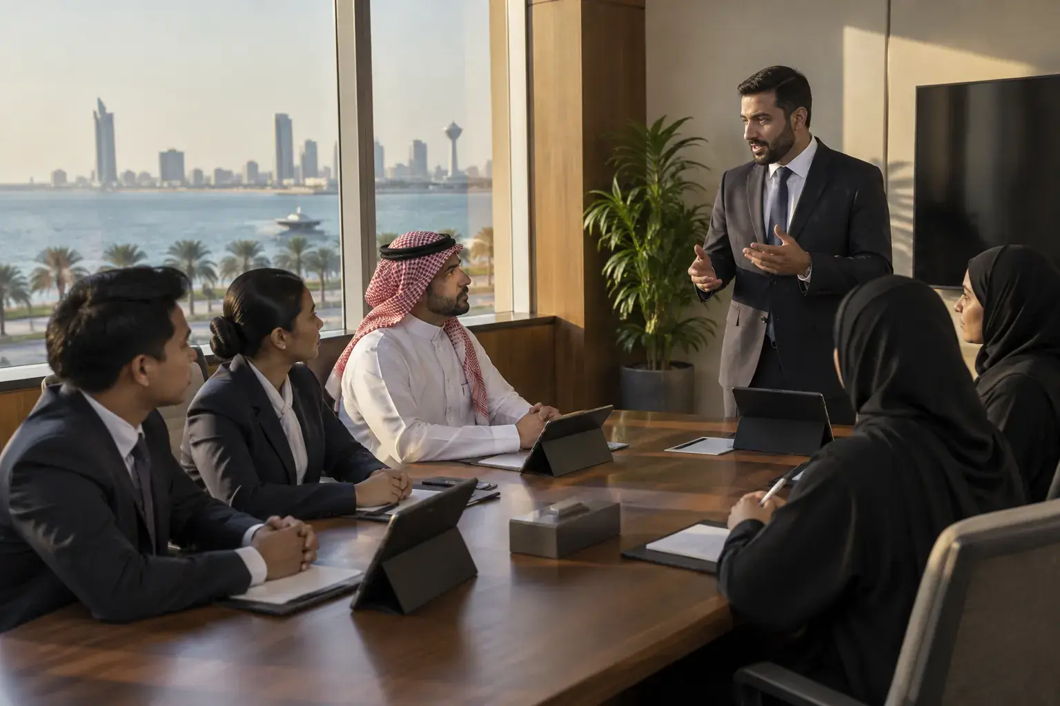 A training manager in a suit talks to new hotel hires around a table with tablets, one in a red shemagh, the sea and palm trees through the window.