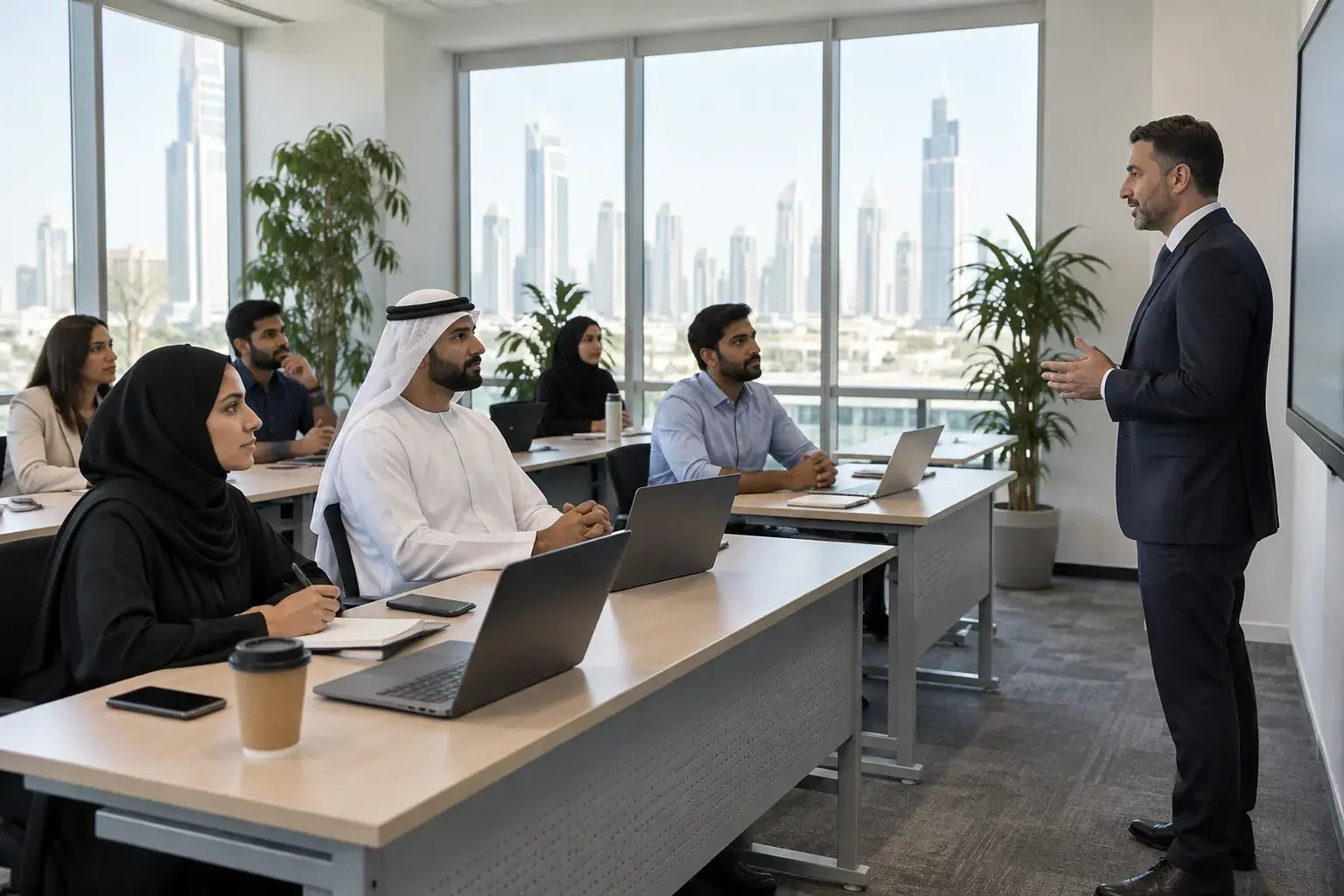 A trainer in a suit stands at the front of a bright classroom with adult learners in abayas, kanduras and office wear at desks with laptops, a skyline through the windows.