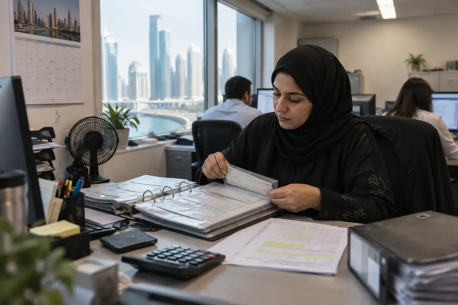 A property accountant in a hijab leafs through a lever-arch file of post-dated cheques in plastic sleeves, with a highlighted printed spreadsheet and a calculator on her desk.
