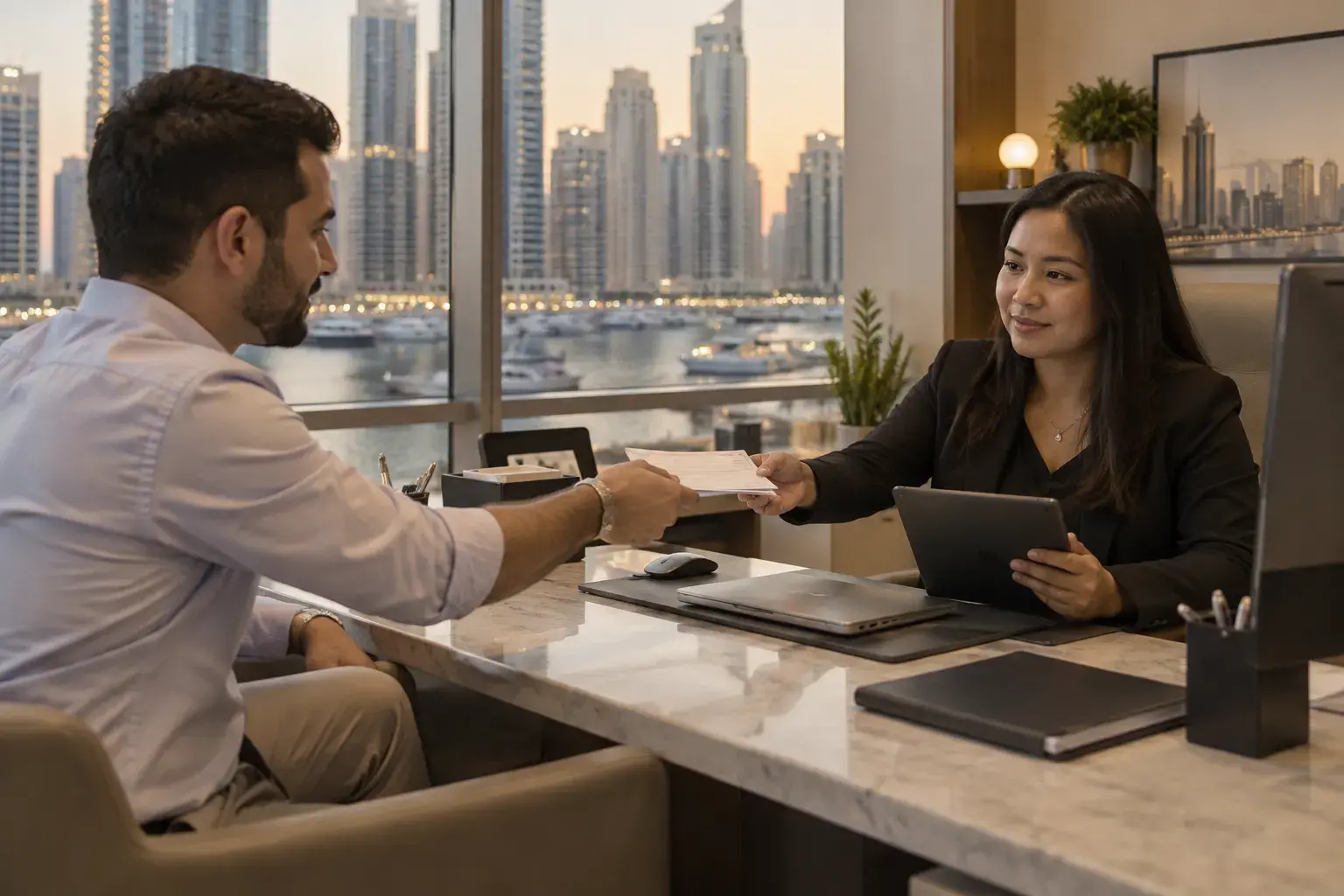 A tenant in a shirt hands a stack of cheques across a marble desk to a leasing executive holding a tablet, in a Dubai Marina office at dusk.