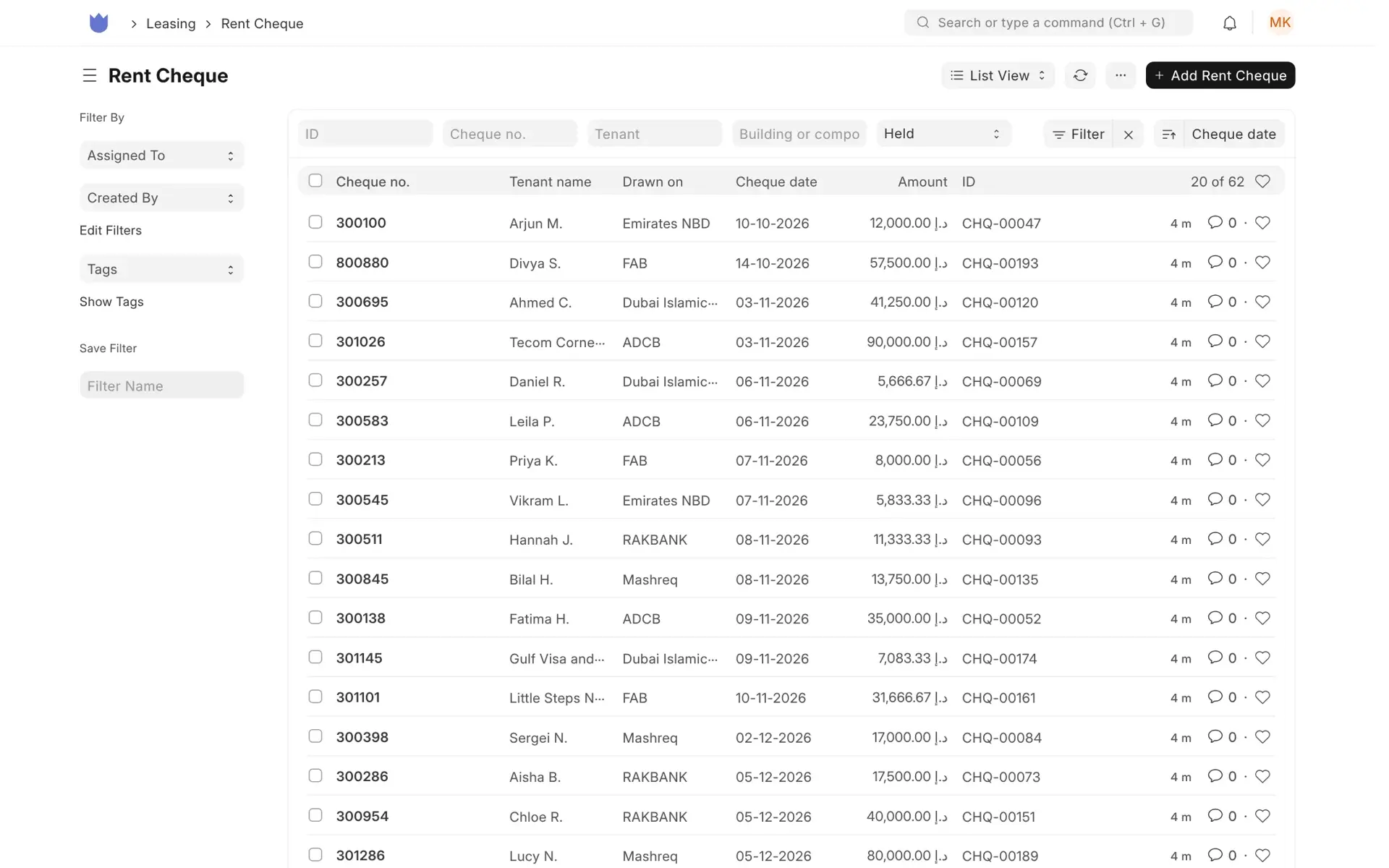 Mindcat Lease Rent Cheque list filtered to held cheques: cheque number, tenant name, bank, cheque date, amount in AED and ID, 62 cheques in all.