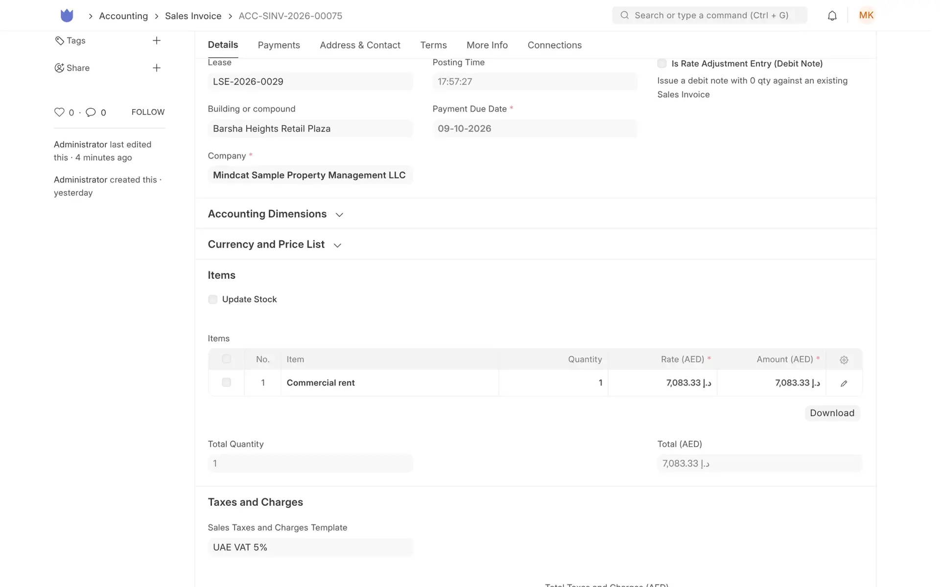 A Mindcat Lease rent invoice linked to lease LSE-2026-0029 and Barsha Heights Retail Plaza, one line of commercial rent of AED 7,083.33 and the UAE VAT 5% sales tax template.