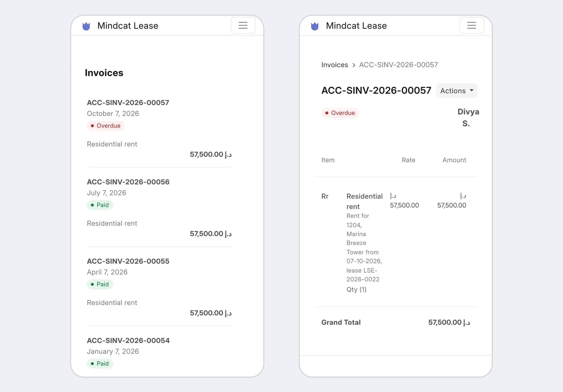 Two phone screens of the Mindcat Lease tenant portal: quarterly rent invoices of AED 57,500, three paid and one overdue, and the overdue invoice for flat 1204, Marina Breeze Tower.
