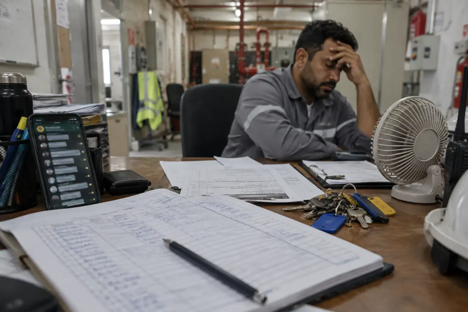 A tired FM supervisor in a Dubai basement office with a phone full of chat messages, a handwritten logbook, printed job sheets, tagged keys and a desk fan.