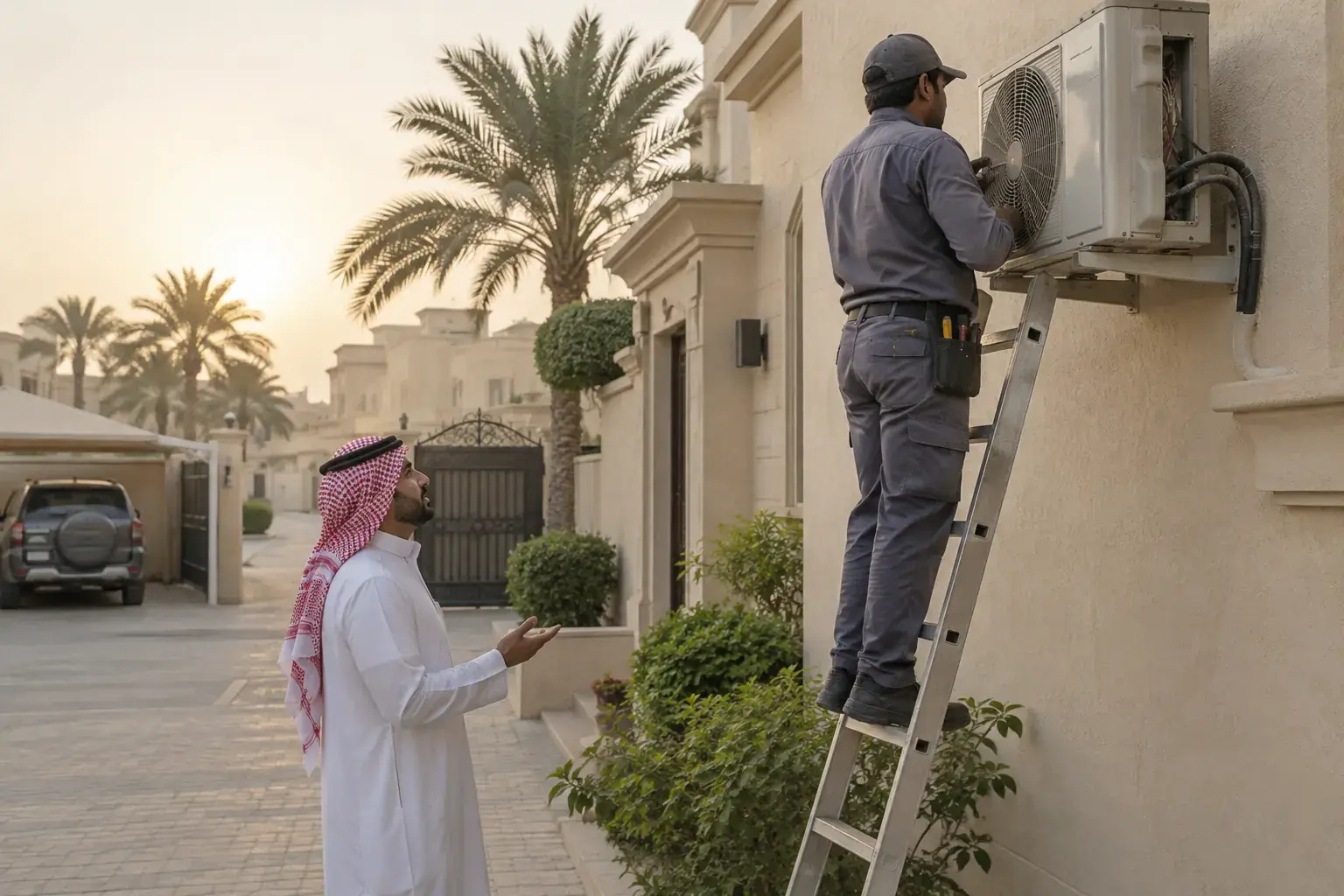 A technician on a ladder services a split AC unit on a villa wall in a gated Riyadh compound while a resident in a thobe talks to him.