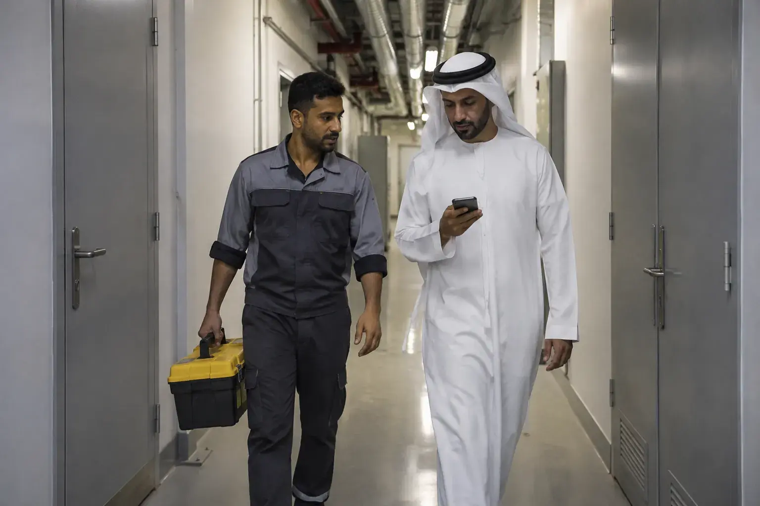 A hotel duty manager in a kandura checks his phone while walking down a back-of-house corridor in Dubai with a technician carrying a toolbox.