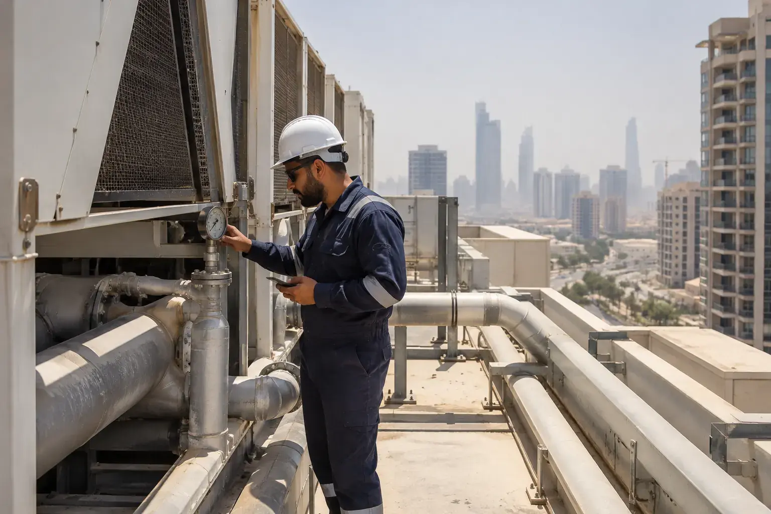 A technician reads a gauge on a rooftop chiller of a residential tower in Jumeirah Village Circle, Dubai.