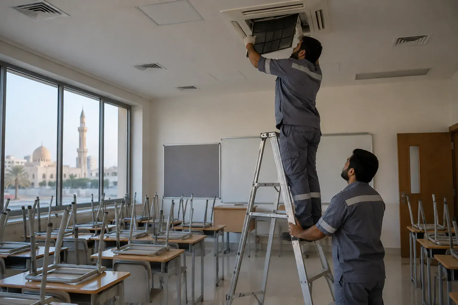 A technician on a step ladder replaces a filter in a ceiling fan coil unit in an empty Sharjah classroom while a colleague holds the ladder.