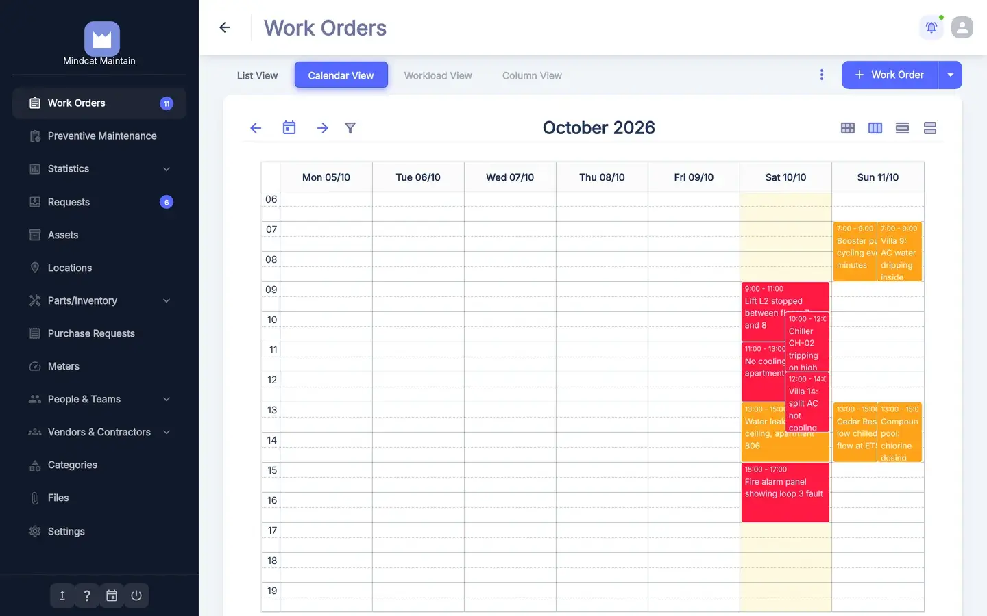 Mindcat Maintain work-order calendar for a week in October 2026 with chiller, lift and villa AC jobs coloured by priority.