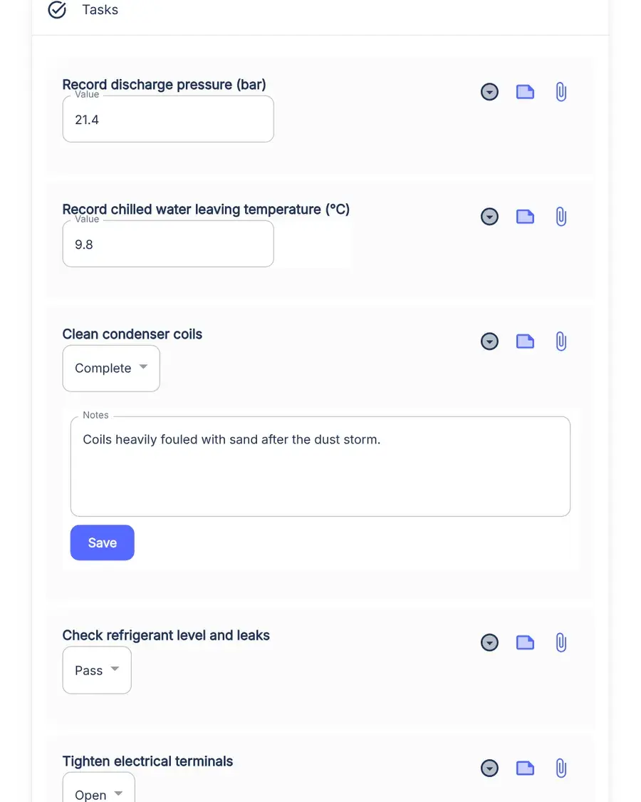 Checklist on a work order: record discharge pressure 21.4 bar, record chilled water leaving temperature 9.8°C, clean condenser coils complete with the note Coils heavily fouled with sand after the dust storm, and check refrigerant level and leaks passed.