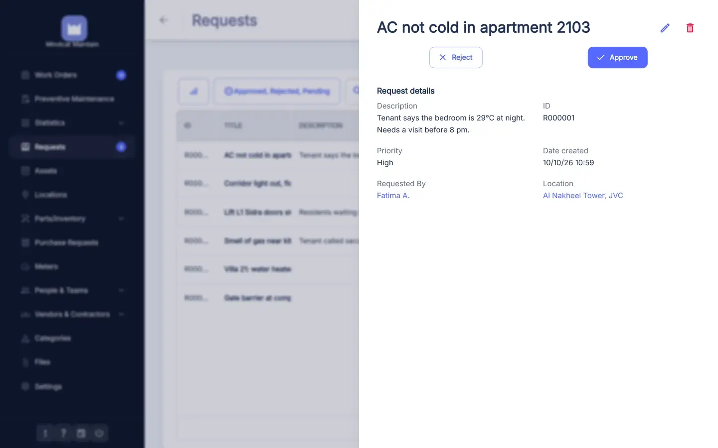 Request detail for AC not cold in apartment 2103: the tenant says the bedroom is 29°C at night and needs a visit before 8 pm, high priority, requested by Fatima A., location Al Nakheel Tower JVC, with Approve and Reject buttons.