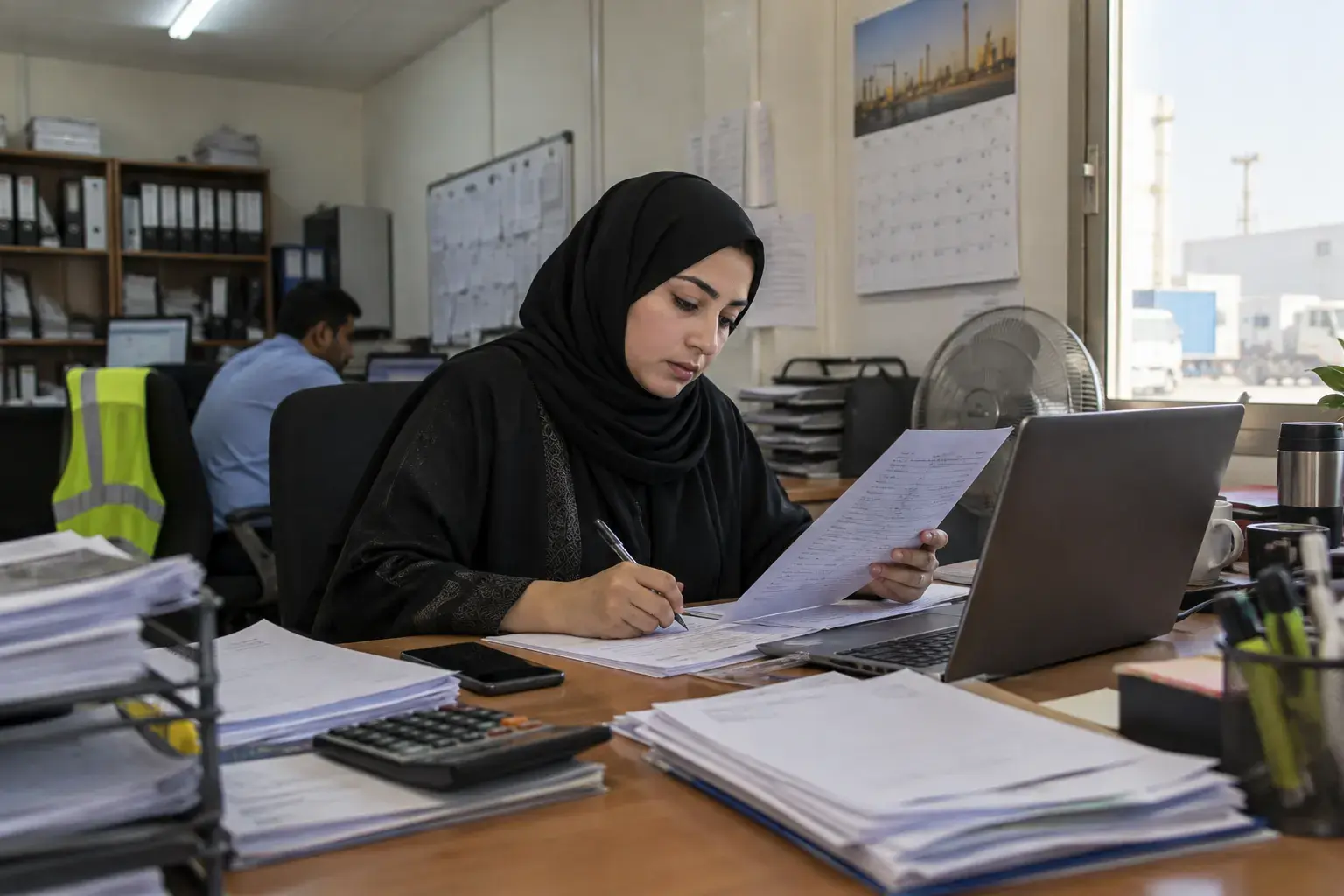 A payroll officer in a hijab at a cluttered site-office desk in Sharjah copies hours from printed timesheets into a laptop, with leave forms, a calculator and a phone beside her.