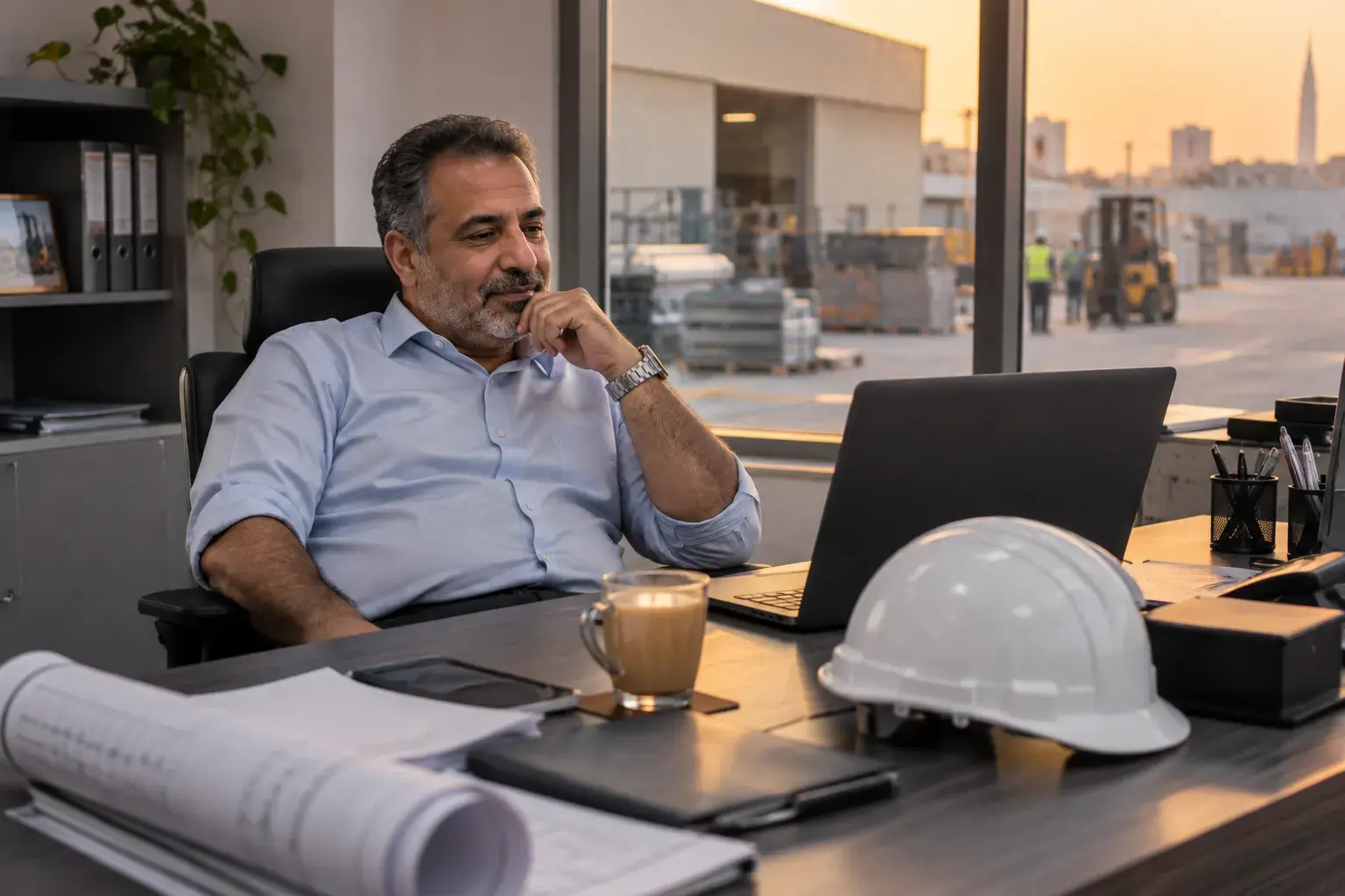 A contracting company general manager sits back at his desk in Al Quoz reading a laptop, with a cup of karak tea, a white hard hat and rolled drawings beside him.