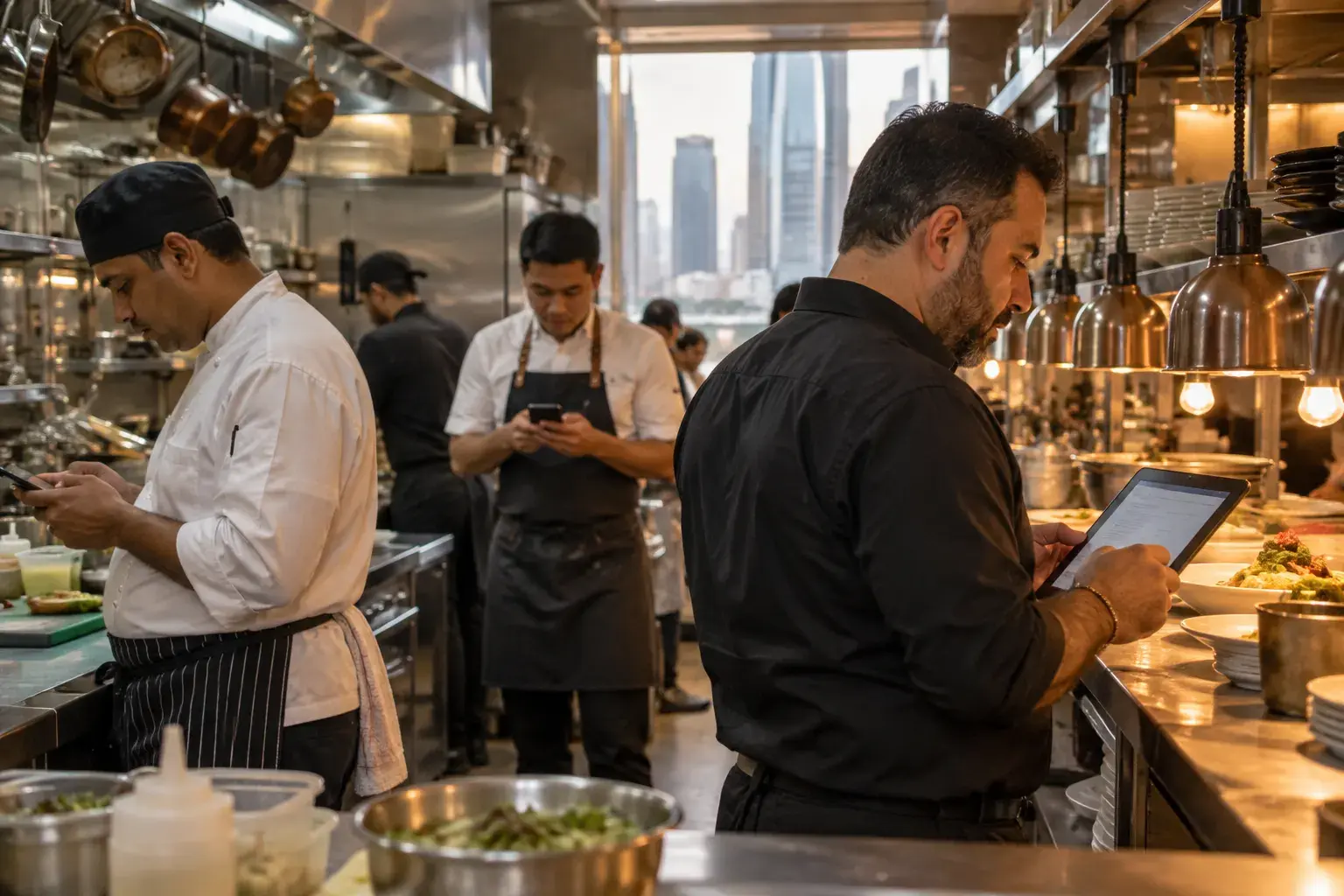 A restaurant manager checks a tablet by the pass in a JLT café kitchen while a cook and a waiter look at their phones before the evening rush.