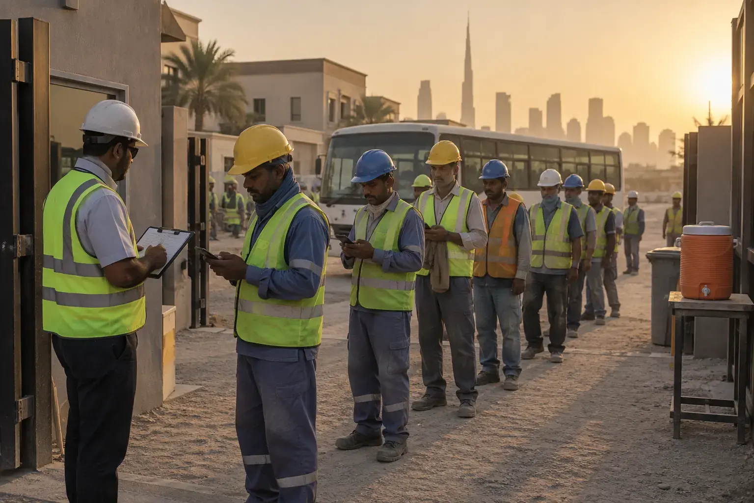 Construction workers in hi-vis vests check in on their phones at a Dubai Hills site gate at sunrise, a foreman with a clipboard beside them.