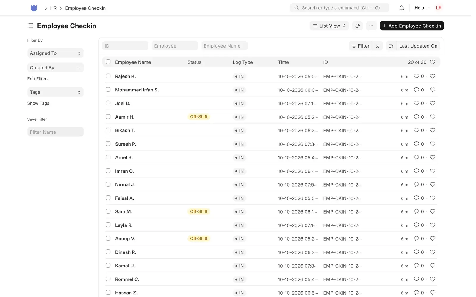 Mindcat People employee check-in list: twenty IN check-ins this morning between 05:00 and 07:30 for named crew and office staff, three marked Off-Shift.