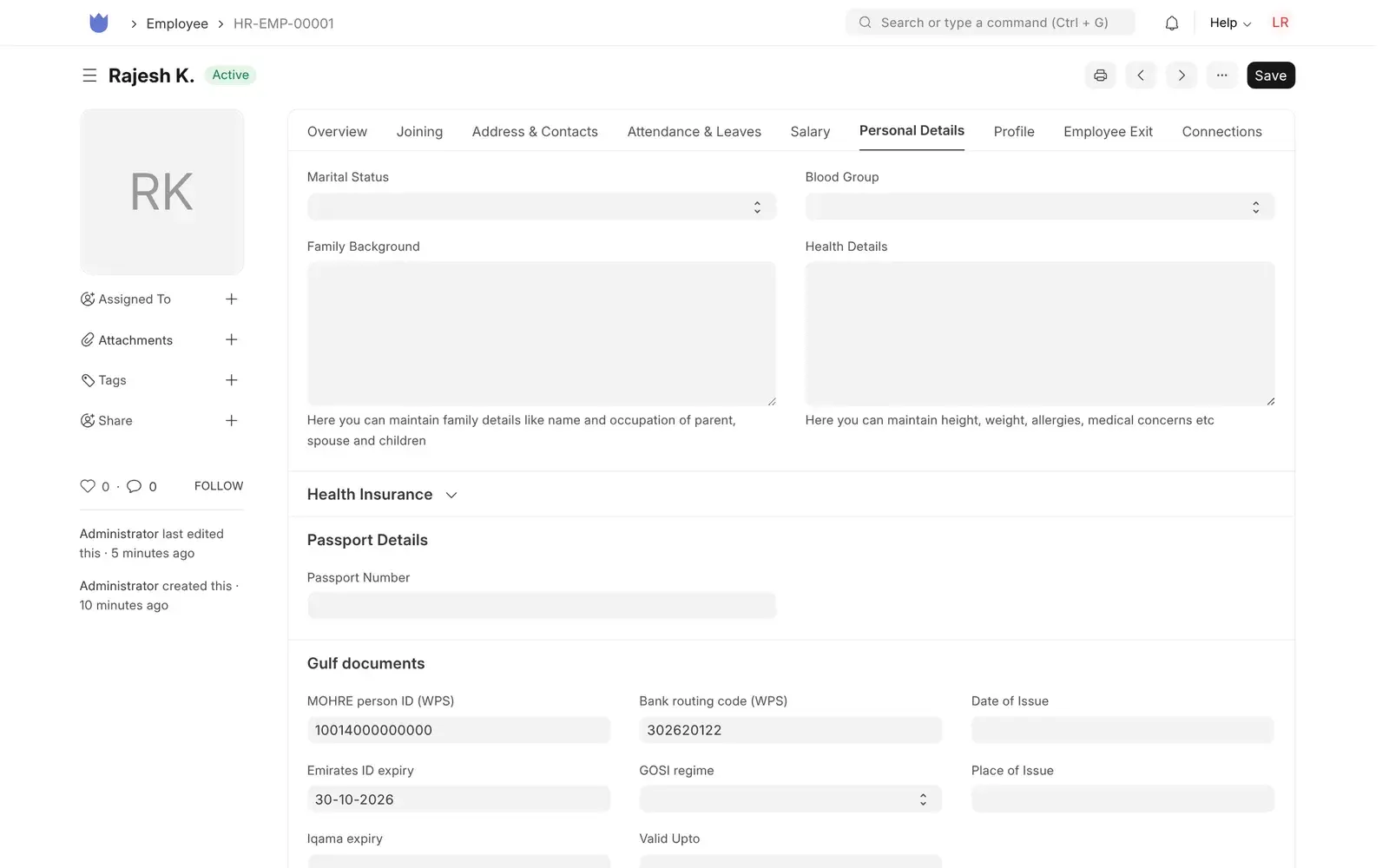 Mindcat People employee record for Rajesh K., Gulf documents section: MOHRE person ID for WPS, bank routing code 302620122, Emirates ID expiry 30-10-2026, iqama expiry and GOSI regime.