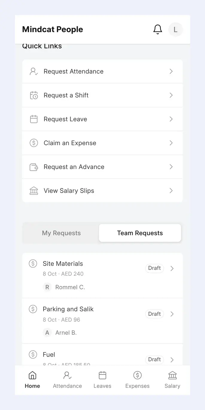 Mindcat People employee app, Team Requests tab: expense claims for Site Materials AED 240, Parking and Salik AED 96 and Fuel AED 185.50 from named crew members, waiting for approval.
