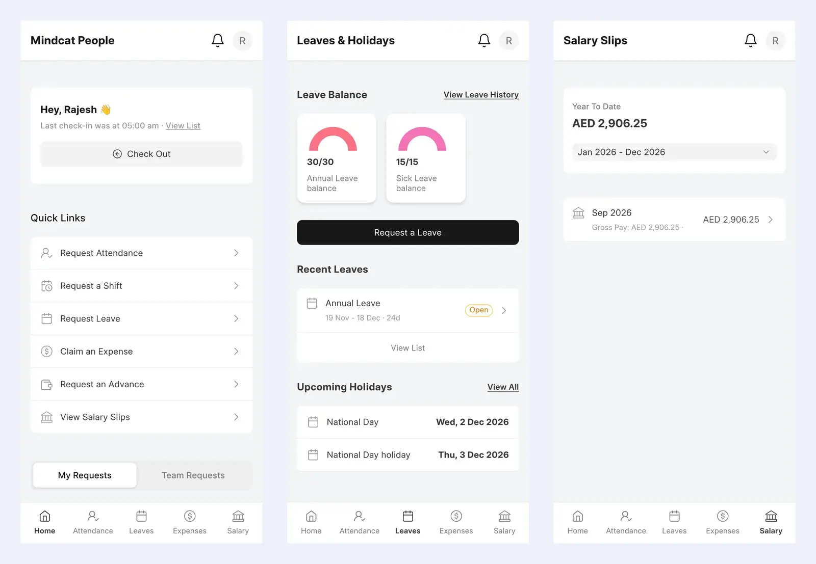 Three phone screens of Mindcat People: the home screen with Check Out and quick links, Leaves and Holidays with 30 of 30 annual leave and an open request, and Salary Slips with Sep 2026 at AED 2,906.25.