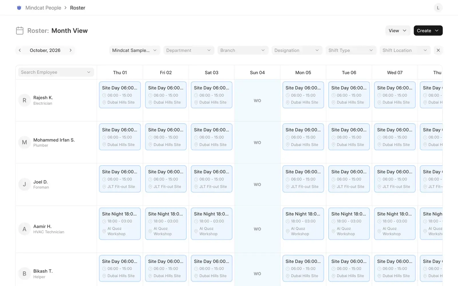 Mindcat People roster month view for October 2026: Site Day 06:00 to 15:00 shifts at Dubai Hills Site and JLT Fit-out Site, Site Night 18:00 to 03:00 at Al Quoz Workshop, and weekly offs.