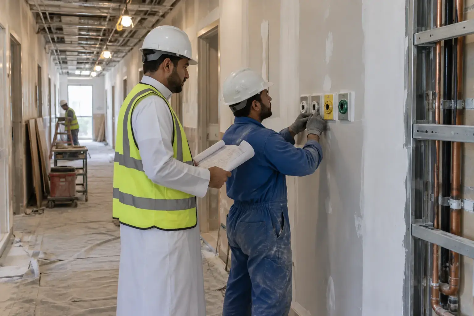 A Saudi project engineer in a hard hat and a technician in coveralls check medical gas outlets being installed on a corridor wall of a clinic fit-out in Riyadh, with dust sheets on the floor.