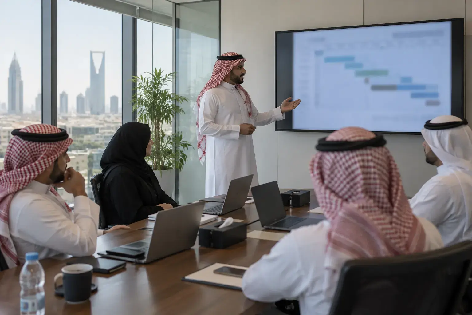 A Saudi PMO manager in a thobe and shemagh stands beside a wall screen with an out-of-focus timeline, with colleagues at a table in a Riyadh meeting room.