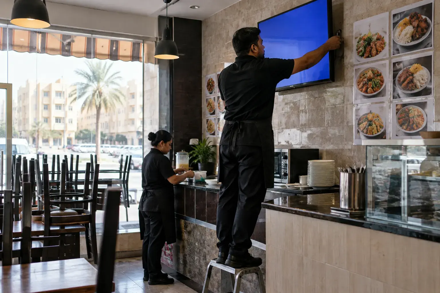 A restaurant worker stands on a step stool reaching behind a wall screen showing a blank blue input screen, chairs still stacked on the tables.