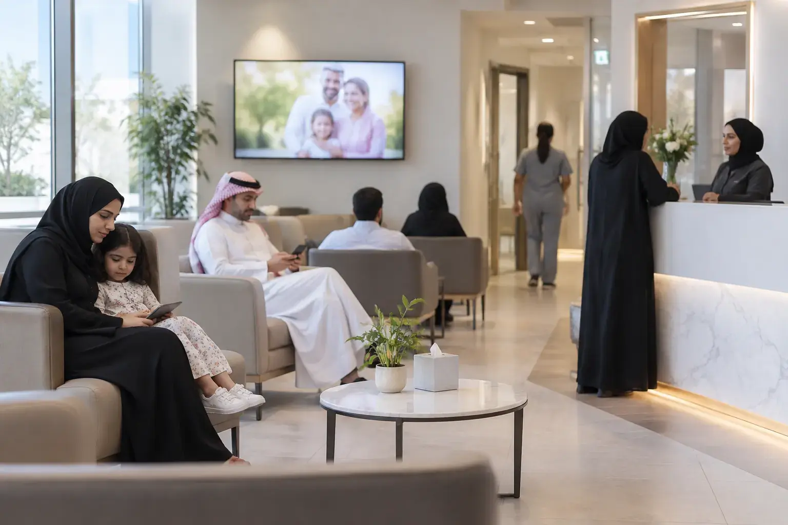 A clinic waiting room in Dubai: a mother and daughter on a sofa, a man on his phone, a patient at the reception desk, and a wall screen showing a family photo.